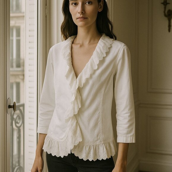 NWT LRL Lauren Jeans white denim jacket with eyelet trim size 16 - Picture 1 of 13